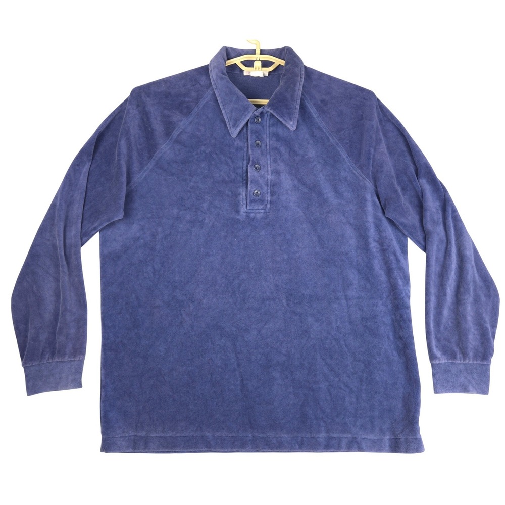 Vintage Kings Road Mens Velour Polo Shirt Blue Long Sleeve Knit XL 70s 80s Retro